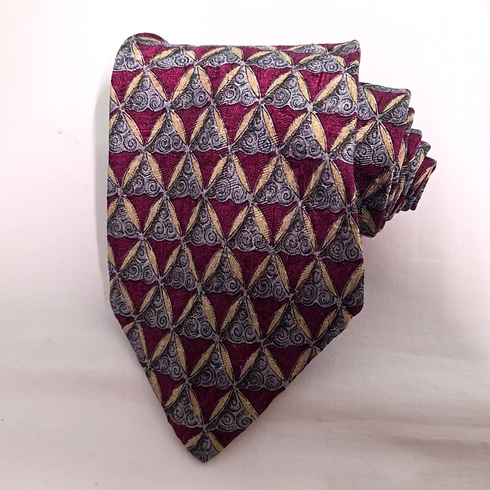 Ermenegildo Zegna Necktie Mens Tie Burgundy Gold Geometric Silk Italy